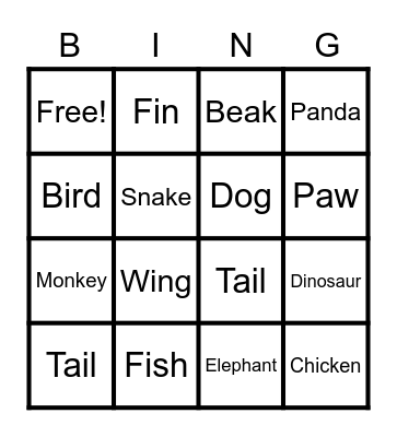 Parts of animals Bingo Card