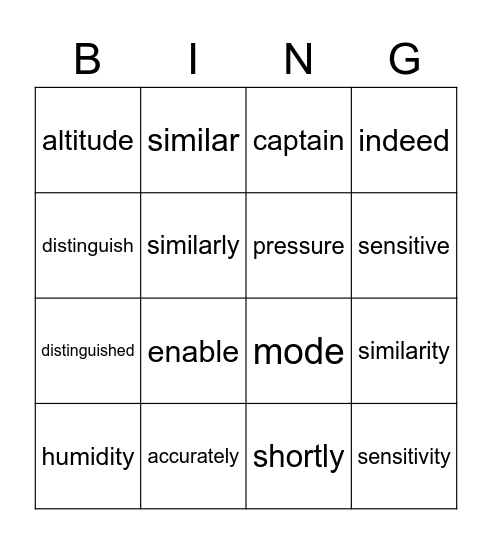 B2U5 Vocabulary 9-12 Bingo Card