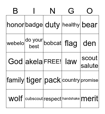 Tiger Cub Bingo Card