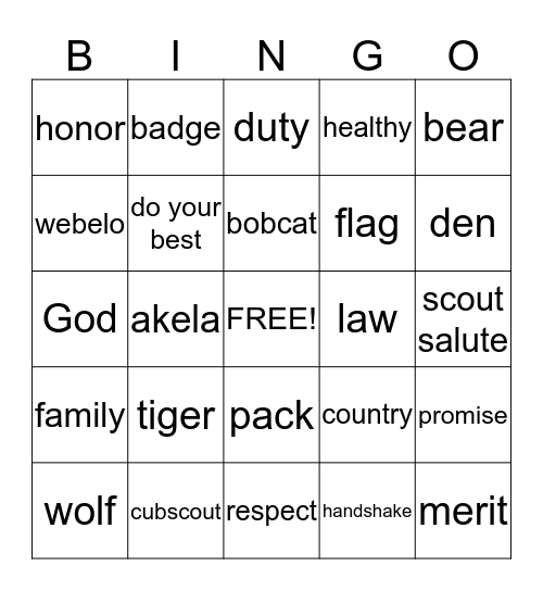 Tiger Cub Bingo Card