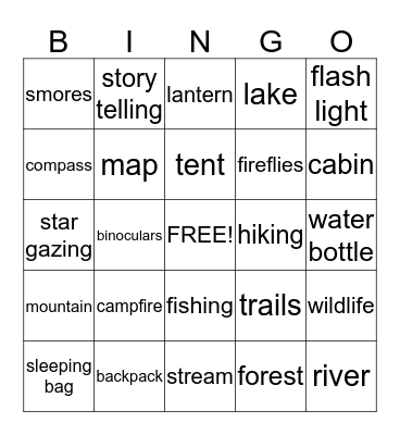 Camping Theme Bingo Card