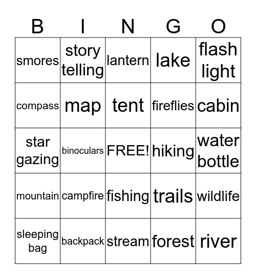 Camping Theme Bingo Card