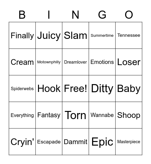 90's One Word Hits Bingo Card