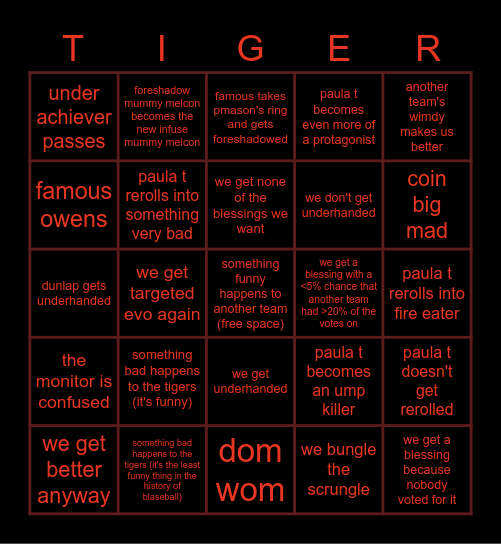Hades Tigers Season 19 Election Bingo Card