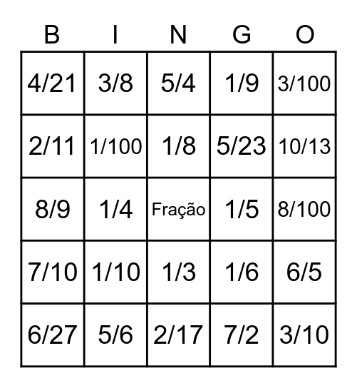 Fração Bingo Card