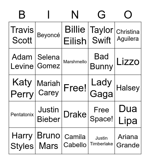 Name that Artist! Bingo Card