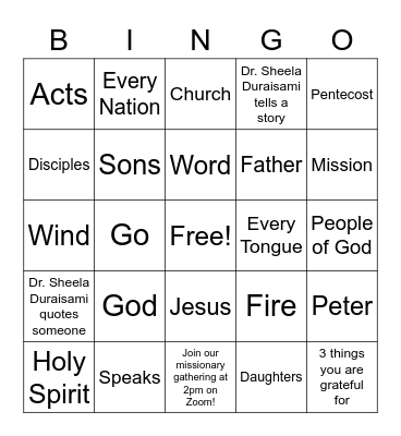 May 23rd 2021 Sermon Bingo! Bingo Card