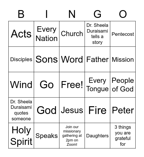 May 23rd 2021 Sermon Bingo! Bingo Card