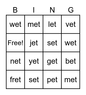 The '-et' Family Bingo Card