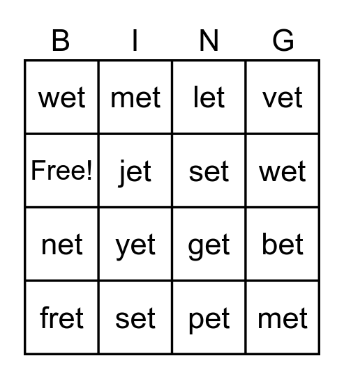 The '-et' Family Bingo Card
