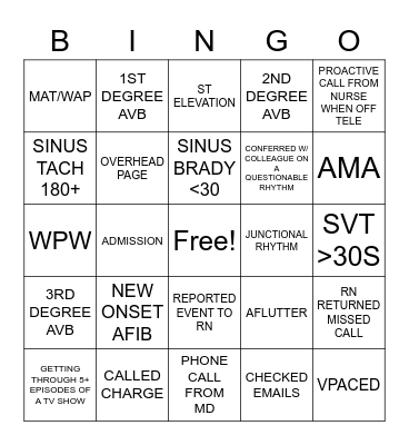 Cardiac Monitor Tech Bingo Card