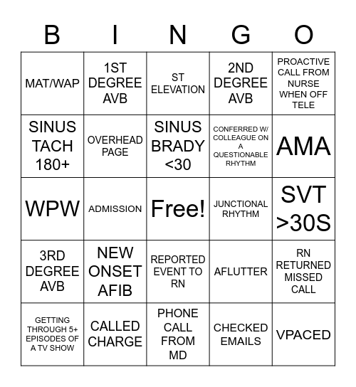 Cardiac Monitor Tech Bingo Card