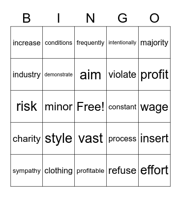 U8 Vocabulary Bingo Card