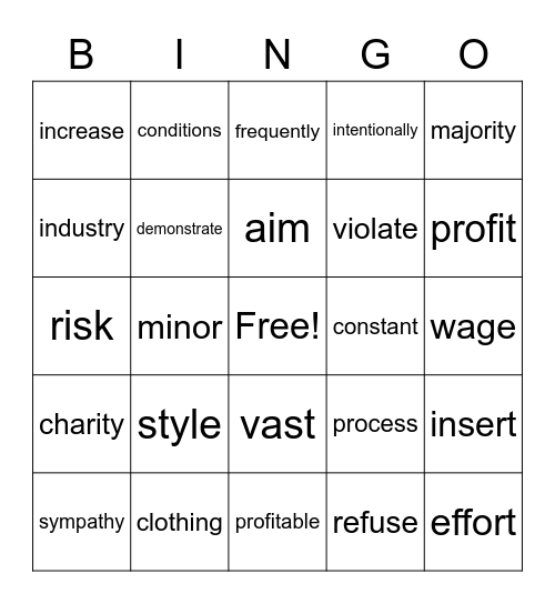 U8 Vocabulary Bingo Card