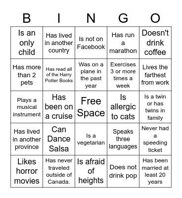 Get To Know You Bingo Card