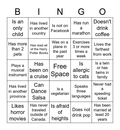 Get To Know You Bingo Card