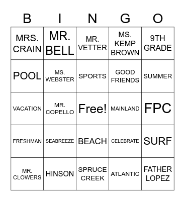 GOODBYE MIDDLE SCHOOL Bingo Card