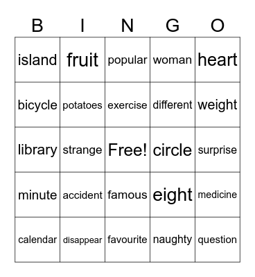 Spelling words for Yr4 Bingo Card