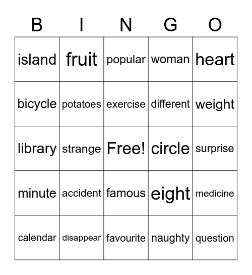 Spelling words for Yr4 Bingo Card