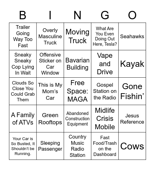 Seattle To Yakima Drive Bingo Card