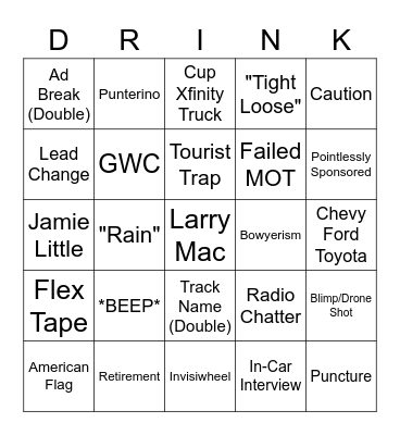 NASCAR Bingo Card