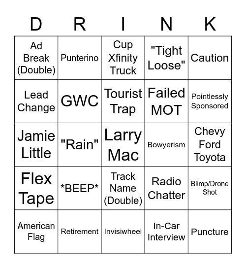 NASCAR Bingo Card