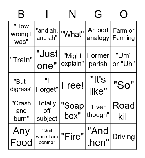 Fr. Perez Sermon Digression Bingo Card