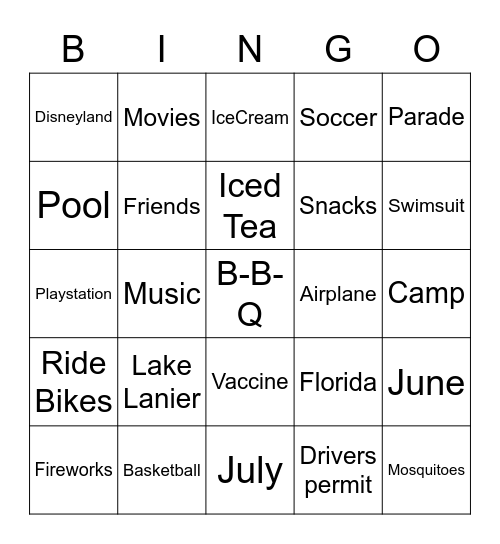 Summer Fun 2021 Bingo Card