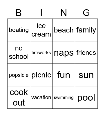 Summer Fun Bingo Card