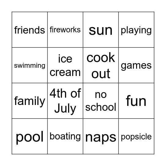 Summer Fun Bingo Card