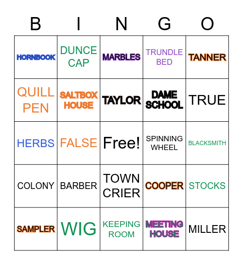 Coonial Days Bingo Card