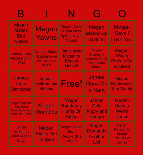 James and Megan Call Bingo Card