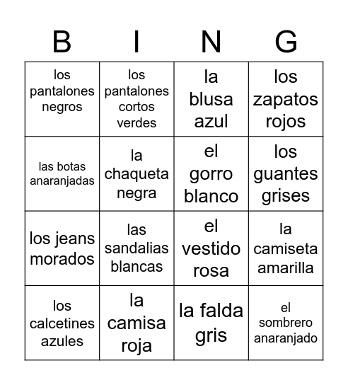 La Ropa Bingo Card