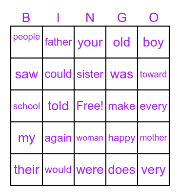 First Grade Sight Words Bingo Card