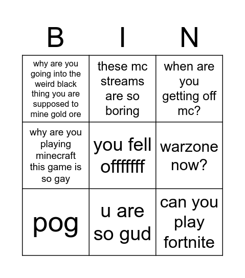 Tfue Chat Bingo Card