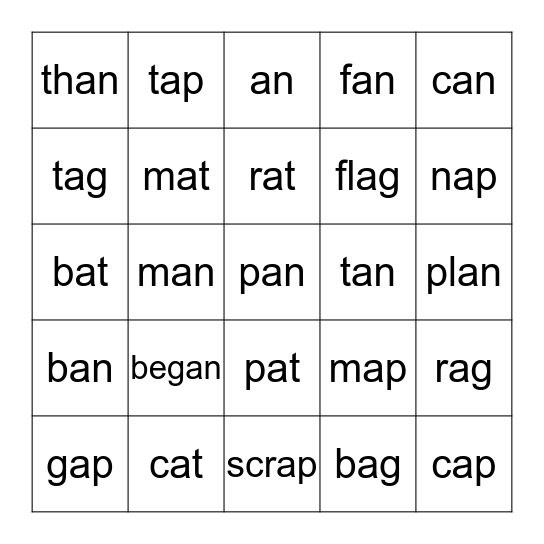 Word Family BINGO Card