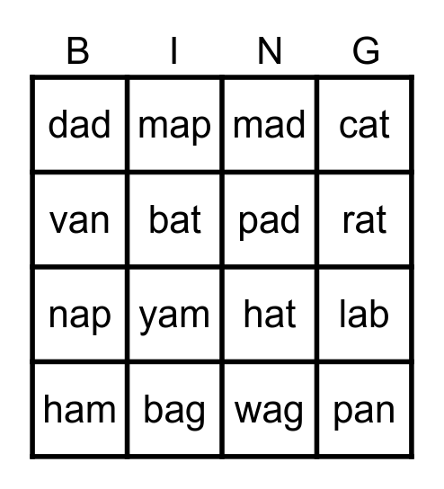 Short a Bingo Card