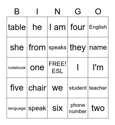 Learning English Bingo Card
