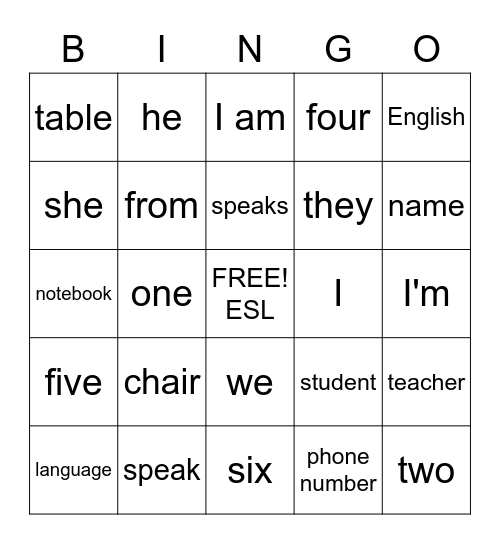Learning English Bingo Card