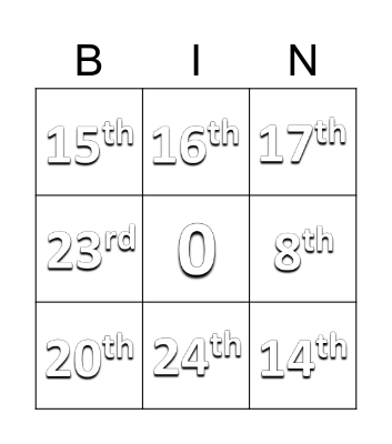 ILP (Grade 1) - Ordinal Numbers Bingo Card