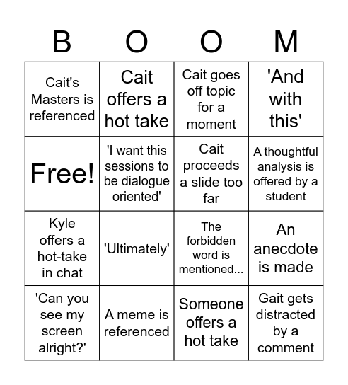 Caitlin Bingo 2: Electric Boogaloo Bingo Card