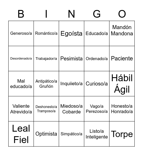 Adjetivos de la personalidad Bingo Card