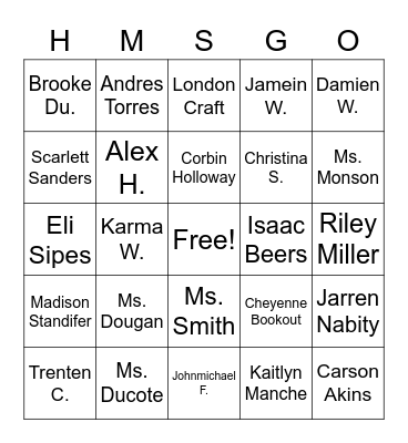 7th Grade Friends Bingo Card