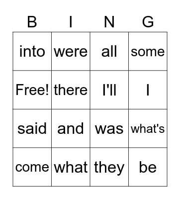 Sight Words Bingo Card