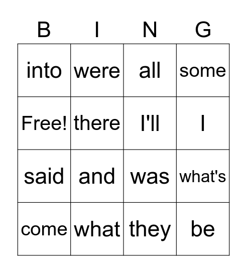Sight Words Bingo Card