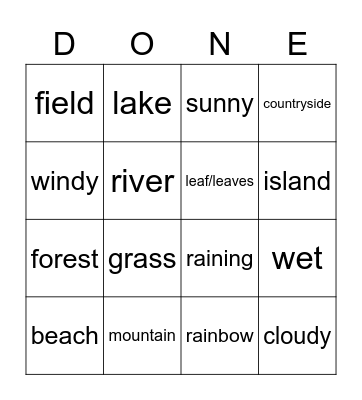 The weather and elements Bingo Card