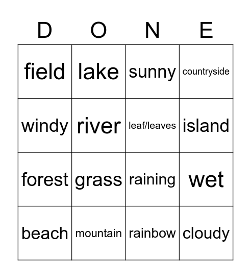 The weather and elements Bingo Card