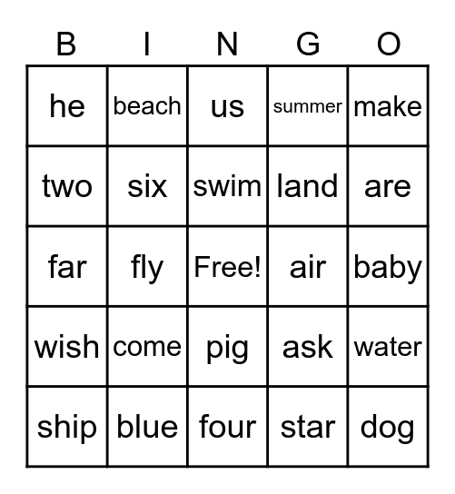 Summer Sight Word Bingo Card