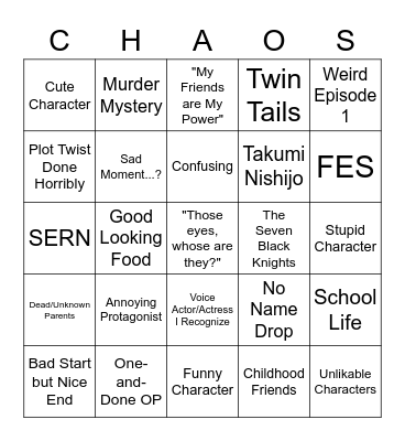 Chaos;Child Bingo Card