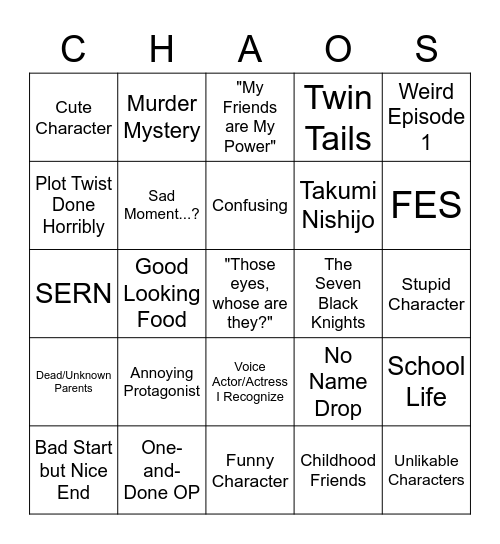 Chaos;Child Bingo Card